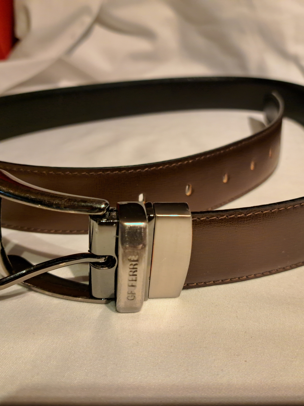 GF FERRE Brown Leather Reversible Belt with Silver Buckle